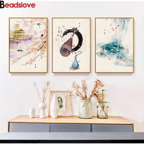 Full Drills Japan Style watercoloredLandscape Pink Flower Cherry 5D Diy Diamond Painting Wall Picture girl cute For Living Room