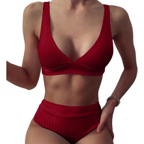 Bikini Set Solid Color Deep V Neck Two Pieces Set Women Ribbed Bra Briefs Swimwear Sexy High Waist for Summer