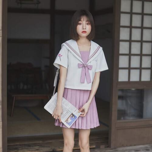 3PCS Pink Schoolgirl embroidery Tops+Skirt Suits Summer Middle Student School Uniform Japanese Female Sailor JK Uniform B70293AD