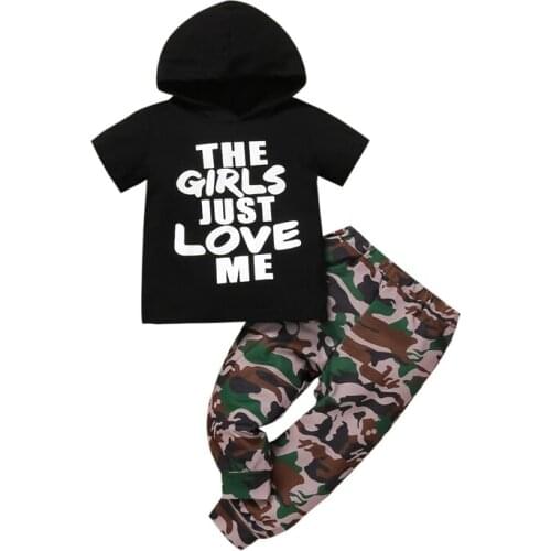 2Pcs Baby Summer Tracksuit Letters Hooded Short Sleeves Tops + Camouflage Casual Pants for Toddler Boys 6 Months to 4 Years