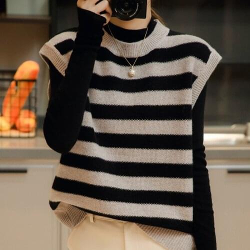 Hot Sale Striped Fashion Knitwears Woman 100% Pure Wool Knitted Sweaters Oneck Sleeveless Ladies Soft Warm Jumpers