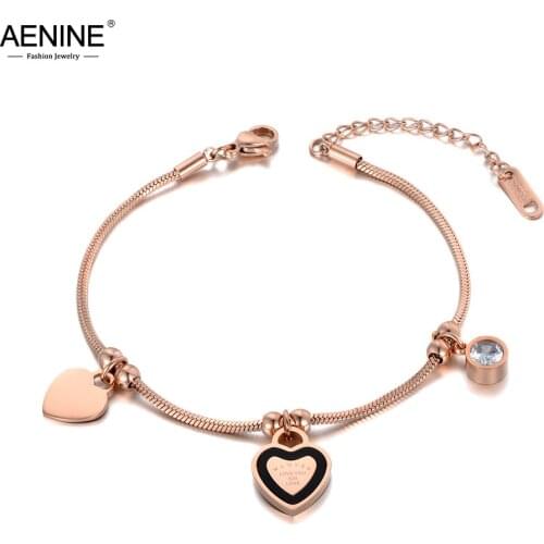 AENINE Trendy CZ Crystal Heart Charm Double Layers Bracelets For Women Stainless Steel Snake Chain Bohemia Beach Jewelry AB19087