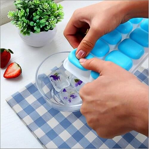 NHBR Ice Square Trays 2 Pack Easy-Release Silicone and Flexible 14-Ice Trays with Spill-Resistant Removable Lid Stackable