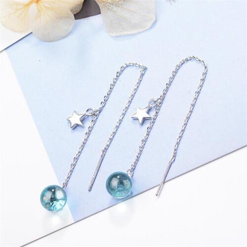 New Fashion Personality Long Tassel 925 Sterling Silver Jewelry Blue Planet Ball Ear Line Crystal Star Dangle Earrings SE498