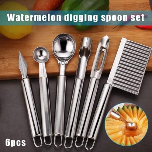 Newest 6 pcs/Set Stainless Steel Watermelon Core Remover Fruit Carving Tools Ball Maker and Fruit Scoop Set Household