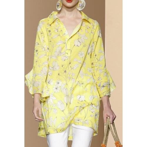 2021 Autumn New French Sweet Polo Chiffon Shirt Mid-length Fashion Loose Print Long Sleeve Blouse Plus Size Ladies Tops