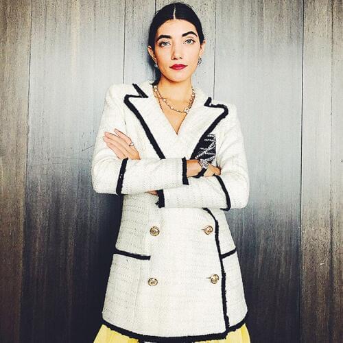 2021 autumn and winter new fashion small suit female diamond badge hit color mosaic suit collar double-breasted jacket tide