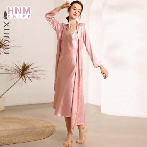 HNMCHIEF New Silk Robes + Nightdress Two-Piece Luxury Sleepwear Women Sexy Lace V-Neck Sleeping Robe Long-Sleeve SatinNightgown