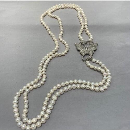 7-8MM natural fresh water pearl sweater necklace long double layers cubic zircon butterfly fashion women jewelry free shipping