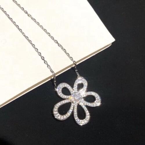 100% 925 Sterling Silver Zircon Large Sun Flower Necklace CZ Zircon Charm Simple Women Wedding Fashion Charm Necklace Jewelry