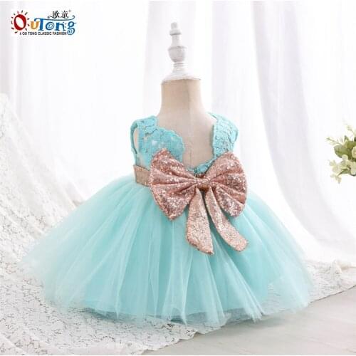 Outong Baby Girl Dress Embroidery Sleeveless Shiny Bow Lace V-Back Princess Kids Clothes Girls 0-24M For 1st Birthday Party