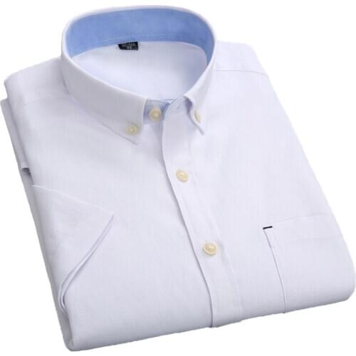 AOLIWEN Brand Men 50% Cotton White Oxford Pure Color Short Sleeve Shirt Summer Button Trend Casual Thin Soft Slim Fit Shirts