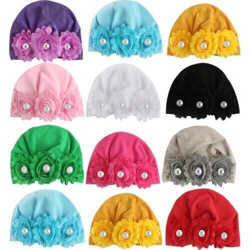 Newborn Toddler Kids Baby Girl 3D Flower Fashion Pearl Turban Beanie Hat Hair Cap Headband Elastic Headwear