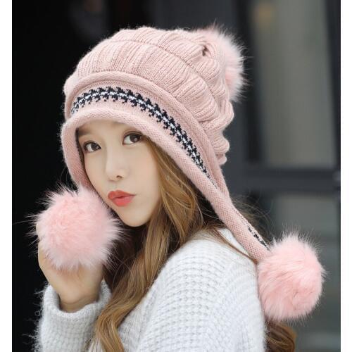 New fashion Autumn winter Korean warm thicken earmuffs knit hat comfortable women girls cute casual outdoor hat hair ball caps