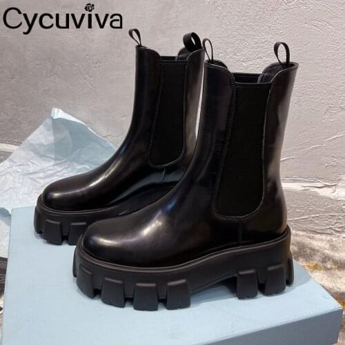 Luxury Brand Real Leather Women Boots Slip On Round Toe Platform Shoes For Women Chunky Heel Non-slip Solid Winter Botas Female