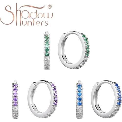SHADOWHUNTERS Real 925 Sterling Silver Women Huggies Color Block Hoop Earrings Green Blue Purple Zircons Unique Jewelry France