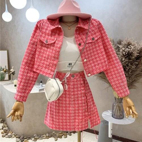 Fall Fashion Streetwear Houndstooth Cowboy Two Piece Set Women Denim Crop Top Short Jacket Coat + Bandage Skirt 2 Piece Suits