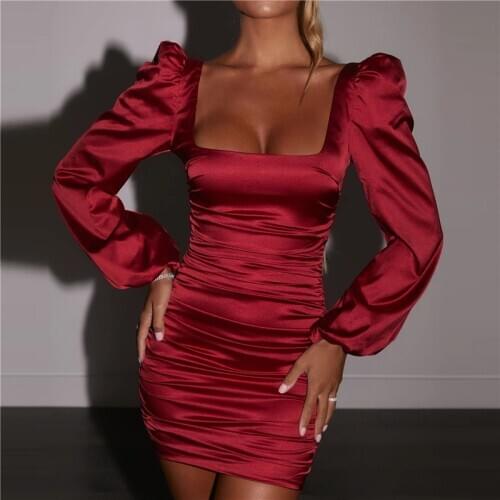 Julissa Mo Puff Sleeve Ruched Bodycon Dress Sexy Backless Satin Women Mini Dresses Autumn Long Sleeve Party Short Vestidos New