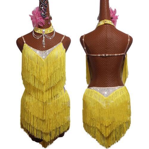 New Latin Dance Dress Yellow Fringe Dress Sexy Backless 2019 Salsa Dress ChaCha Rumba Competition Dancing Dress Women BL2554