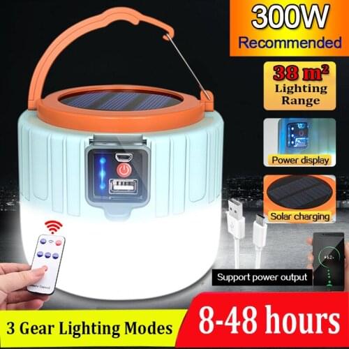 300W Solar Lamp USB/ Solar Charging LED Lamp Bulb Outdoor Camping Light Waterproof Emergency Light Portable Tent Light with Hook