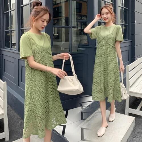 8135# T shirt + Dress Maternity Clothes Loose Stylish Gauze Patchwork Dress for Pregnant Women Pregnancy Clothes