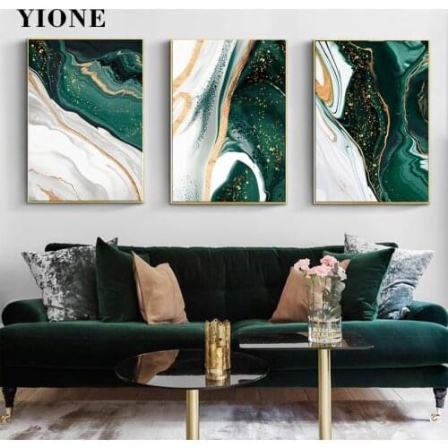 Abstract Green White Gold Splash Ink Marble Texture Canvas Painting Modern Art Posters and Prints Wall Pictures for Living Room