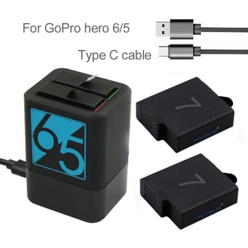 2Pcs 1600mAh HERO 7 bateria +Charger with type C cable for GoPro Hero 5 Go Pro Hero 6 7 Battery Hero6 hero7 Black Camera