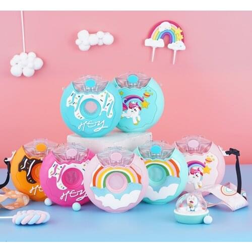 Donut Water Bottle Spray Straw Cup for Kids Creative Gift Round Silicone Drop-resistant Baby Portable Plastic Strap Water Cup