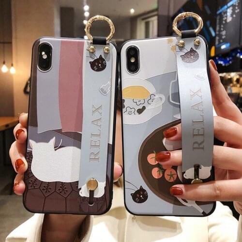 Wrist Strap Holder Phone Case For iPhone 11 Pro Max XR XS X 7 8 6S Plus Cartoon Cat Soft TPU Hand Band Funda for iphone 11pro