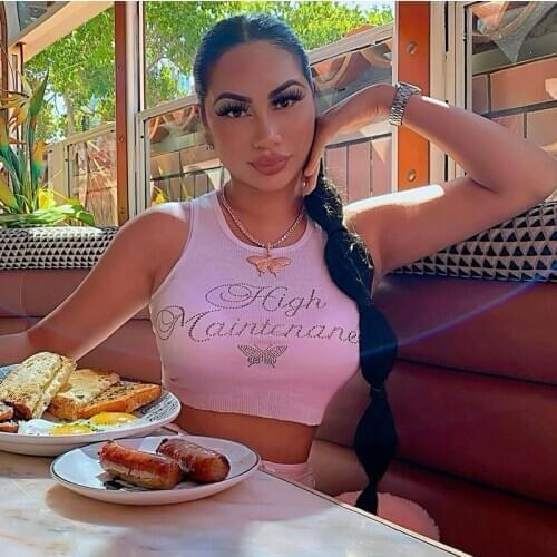 Hirigin Letters Butterfly Diamonds White Ribbed Sexy Tank Tops for Women Fashion E Girl Clothes Crop Top Clubwear