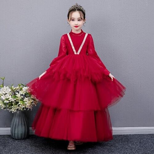 Flower Girl Dresses Illusion O-Neck Sequined Princess Floor-Length Tulle Lace Full Beading Crystal Pleat Kids Party Gown H245