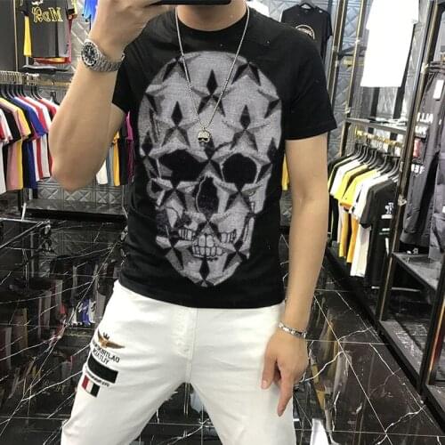 2021 Summer New T-Shirt Skull Head Mens 100% Cotton Breathable Fitness High Quality Hot Diamond Pattern Black Top