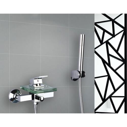Wall mounted waterfall shower faucet glass set, Copper bathtub faucet shower chrome, Bathroom handheld shower head faucet mixer