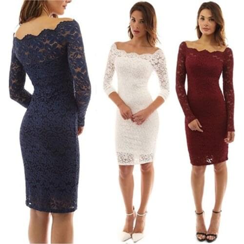Knee-length Lace Dress Women Summer Long Sleeve Dresses Sexy Wine Red Elegant Party Off Shoulder Dress For Women Pencil Vestidos