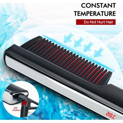 3 in 1 Electric PTC Ceramic Hair Beard Straightener Curler Brush Comb with 6 Temperature Settings LCD Display for Men Women