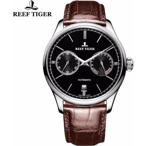 Reef Tiger/RT Elegant Business Mens Mechanical Watch Calendar Small Seconds Power Reserve Automatic Steel Watch