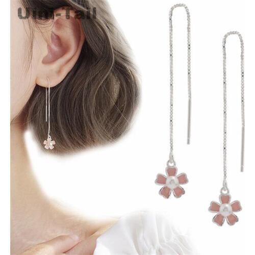 Uini-Tail hot new 925 sterling silver long cherry earrings Korean pink flowers pearl tassel earrings sweet fresh fashion trend