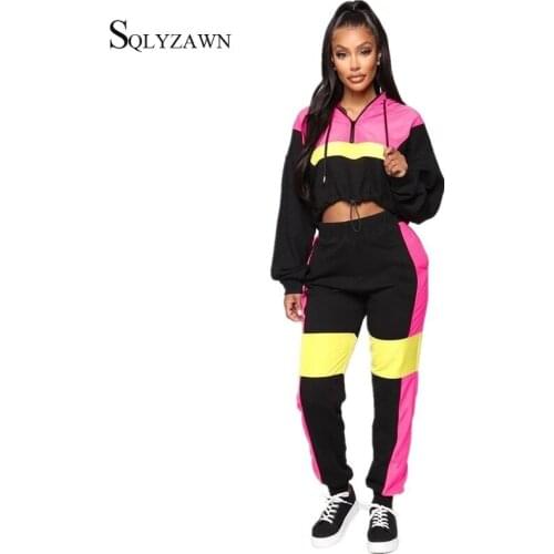 Stripe Patchwork 2 Piece Tracksuit Sport Set Women Hoodie Crop Top Pullover + Jogger Pants Matching Sweat Suit Outfits Plus Size