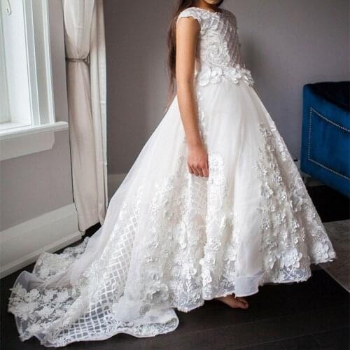 Gorgeous White Ivory Lace Tulle A Line Girls Flower Girl Dresses Girls Wedding Birthday Party Dresses With Train