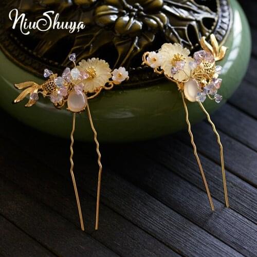 NiuShuya Vintage Chinese Style GOld Fish DesignsCostume Hairpin Bride Wedding Hanfu Classical Headdress Golf Fish Hair Accessory
