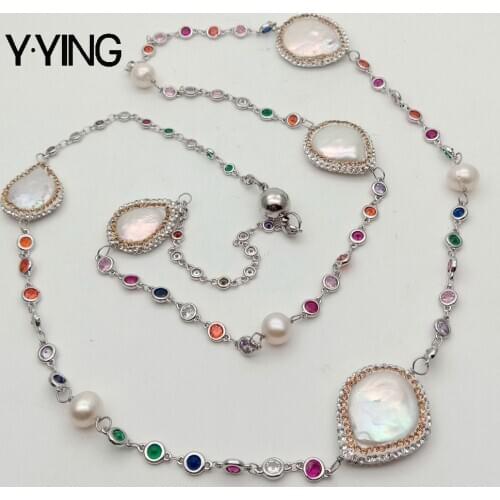 Y·YING 36'' White Coin Pearl Mixed Color Cz pave Chain Long Necklace Trendy Gold Copper Chain For Women Charm Jewelry