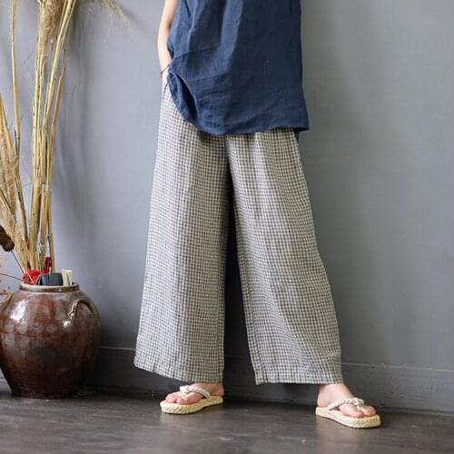 Women Plaid Linen Wide Leg Pants Ladies Elastic Waist Plaid Flax Pants Female Loose Trousers 2018 Summer Autumn