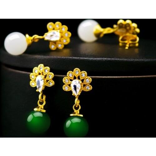 Fashion 14k Gold Jewelry Green Emerald Earring Clip Female Zircon Stone Stud Earrings for Women Jewelry Gemstone Jade Earrings