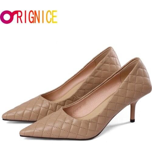 Orignice New Arrival Lattice Women Microfiber Pumps Solid Color Sexy Pointed Toe Thin Heels Slip On Dress Party Shoes Handmade