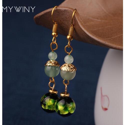 MYWINY vintage ethnic Aventurine drop earrings for women ethnic style Manual coloured glaze vintage dangle natural stone jewelry