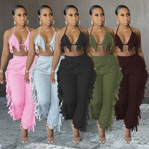 2021 Solid Crop Top Bra Pants Set Tassel Trousers Women Two Pieces Set Sexy Bodycon Streetwear Club Outfits Matching Set