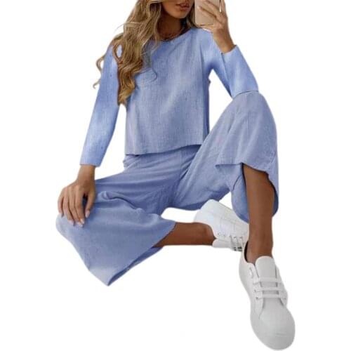 1 Set Top Pants Set Solid Color Wide Leg Office Lady Round Neck Blouse Elastic Waist Trousers Streetwear Casual Womens Clothing