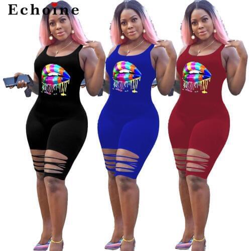 Women Colorful Lip Printed Floral Jumpsuit Sexy Bodycon Playsuit Hollow Out Casual Sports Catsuit Shorts Onesies Chic Rompers