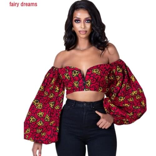 African Ladys Clothing Digital Printing Womens Sexy One Word Collar Tube Top Long Lantern Sleeves Fashion Zipper Backless