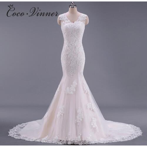 Pretty Lace Appliques Vestidos De Novia Mermaid Wedding Dresses Sleeveless Champagne Color South America Bride Dress W0024